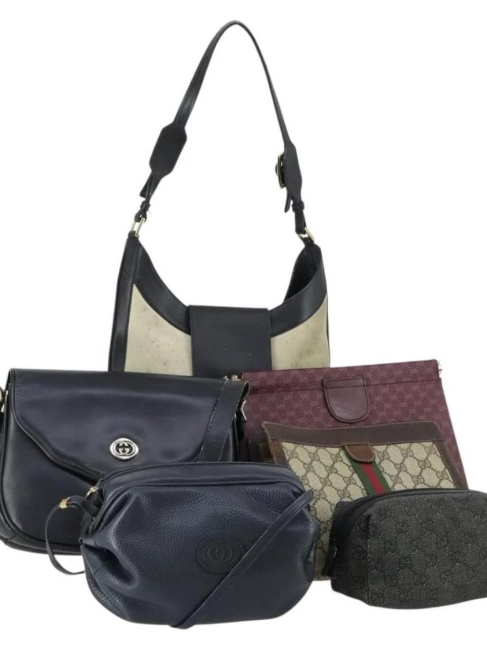 GUCCI GG Canvas Shoulder Bag Leather 6 Set Beige Black Navy Auth fm4975